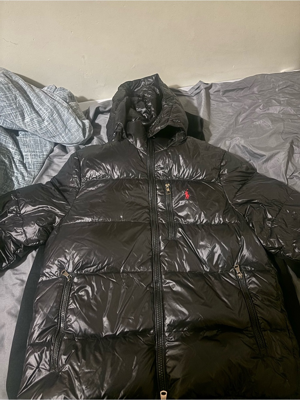 Polo by Ralph Lauren Black Shiny Quilted Puffer Jacket with Red Pony
